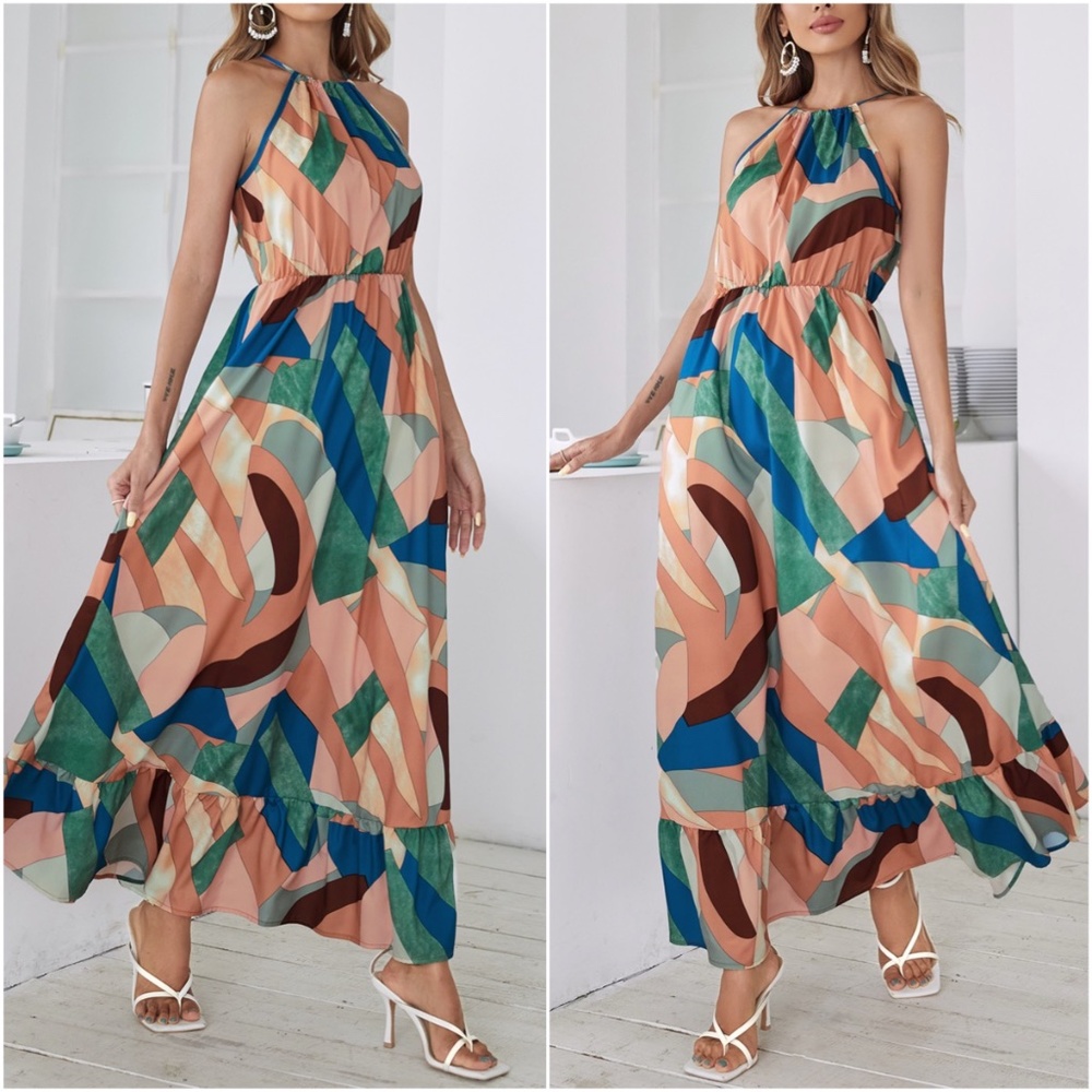 Boho Multicolor Ruffle Hem Halter Maxi Dress Blue - Picture 1 of 4
